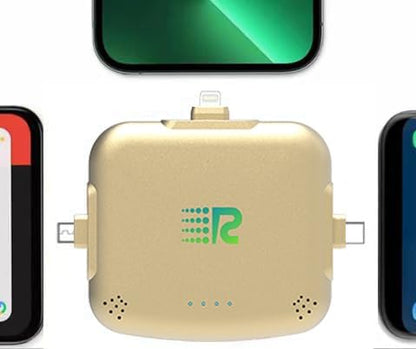 Rush Charge Universe Mini Power Bank Portable Charger Lightning USB-C Gold 3300mah, 2.4A, 3 in 1 Portable Charger Fast Charging Lightning, Type C, Micro-USB Pre-Charged Pass Through Charges 3 Devices