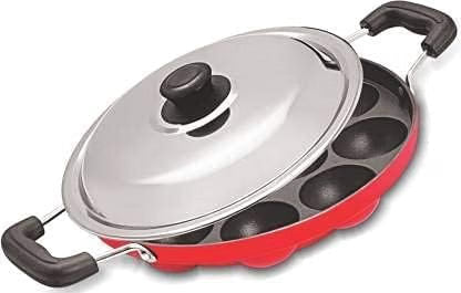 HyperionFlo Essentials 12-Cavity Appam Maker Paniyaram Pan with Lid, Non-Stick Aluminum, 23 cm, 1 L Capacity, Red