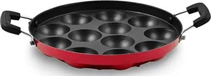 HyperionFlo Essentials 12-Cavity Appam Maker Paniyaram Pan with Lid, Non-Stick Aluminum, 23 cm, 1 L Capacity, Red