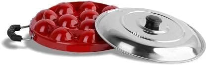 HyperionFlo Essentials 12-Cavity Appam Maker Paniyaram Pan with Lid, Non-Stick Aluminum, 23 cm, 1 L Capacity, Red