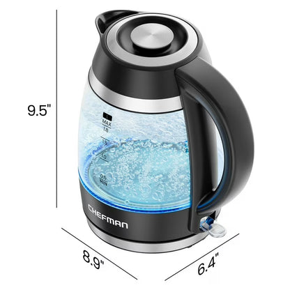 Chefman Fast-Boil 1.8L Electric Kettle with Removable Tea Infuser, 1500W Rapid Boil, Borosilicate Glass, 360° Swivel Base, Blue LED, Automatic Shutoff