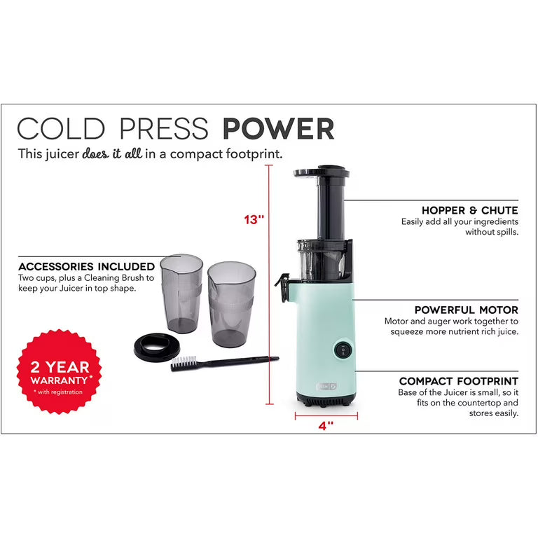 Dash Compact Cold Press Power Juicer, Compact Slow Juicer with Pulp Separation, 16-Oz Capacity, Almond & Cashew Milk Maker