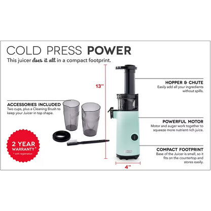 Dash Compact Cold Press Power Juicer, Compact Slow Juicer with Pulp Separation, 16-Oz Capacity, Almond & Cashew Milk Maker