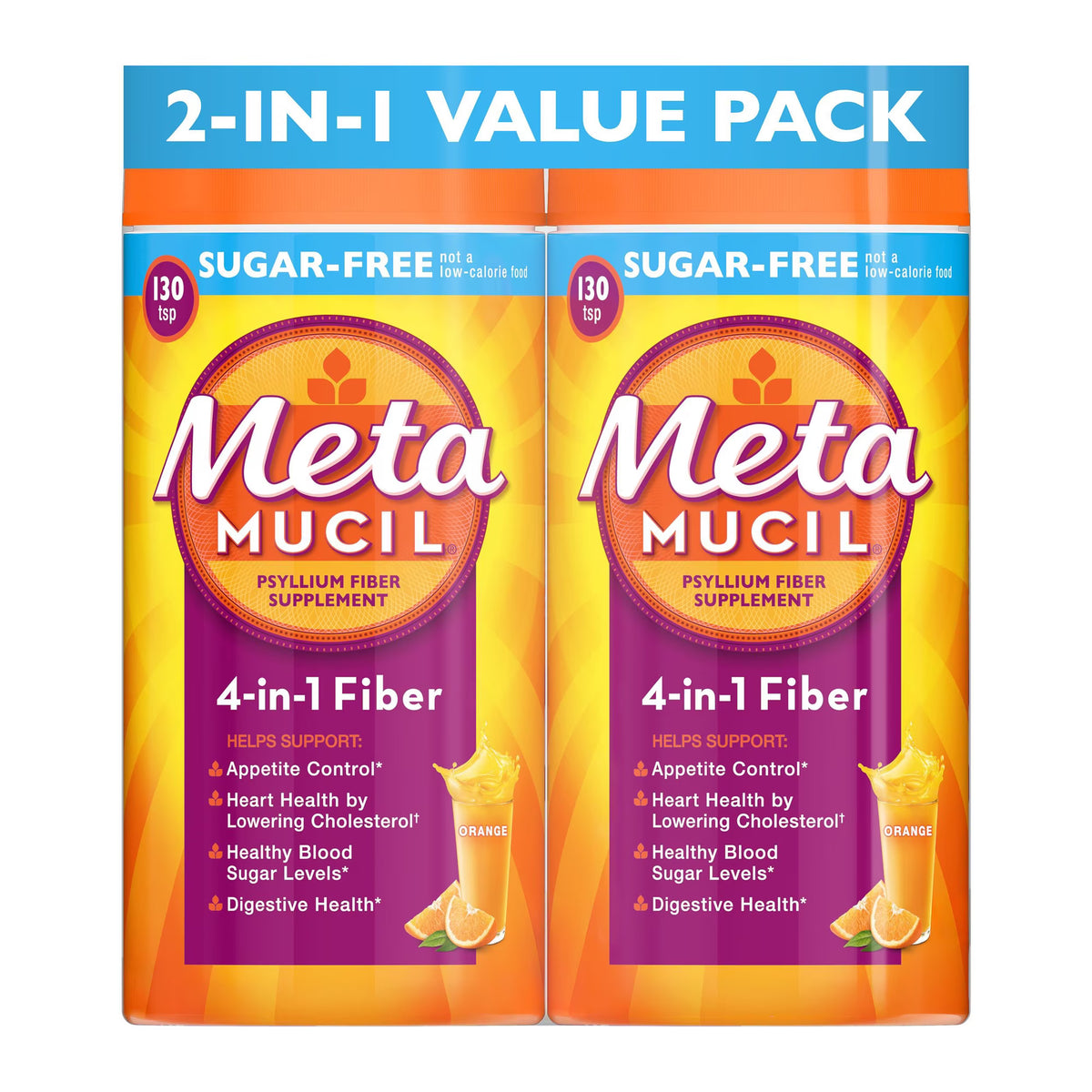 Metamucil 4-in-1 Psyllium Fiber Powder, Sugar-Free, Orange, 2-Pack