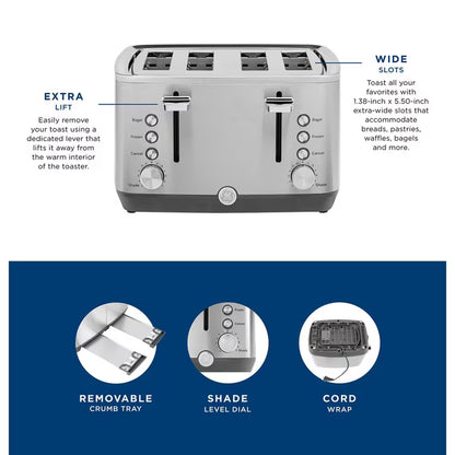 GE 4-Slice Stainless Steel Toaster, Extra Wide Slots, 7 Shade Settings
