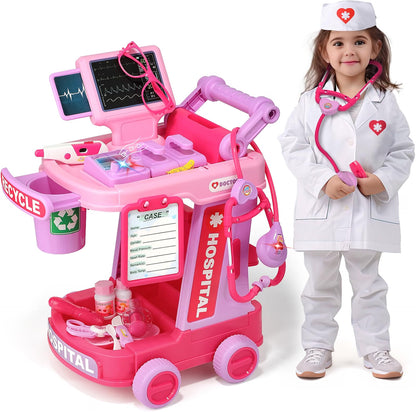 Liberry Kids Doctor Kit Toy with Pretend Doctor Cart, Medical Tools, Costume, Sound & Light Effects, Educational Role Play Set for Toddlers Ages 2-5, Pink
