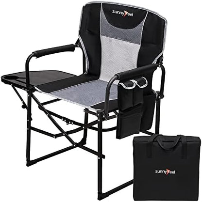 SUNNYFEEL Oversized Camping Chair Portable Directors Chairs with Side Table Heavy Duty Folding Lawn Chair for Adults 300LBS with Compact Size, Breathable Mesh, Pocket & Carry Bag for Outdoor, Lawn, RV