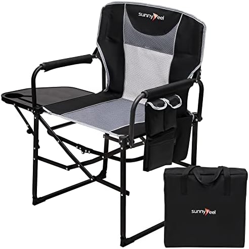 SUNNYFEEL Oversized Camping Chair Portable Directors Chairs with Side Table Heavy Duty Folding Lawn Chair for Adults 300LBS with Compact Size, Breathable Mesh, Pocket & Carry Bag for Outdoor, Lawn, RV