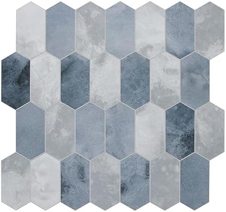 The Tiles Plaza 10-Sheet Peel and Stick Backsplash, 12" x 11.5" Blue Cement Long Hexagon Self-Adhesive Wall Tile, Stone Composite Stick On Decorative Mosaic Tile for Kitchen Bathroom Fireplace