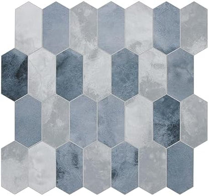 The Tiles Plaza 10-Sheet Peel and Stick Backsplash, 12" x 11.5" Blue Cement Long Hexagon Self-Adhesive Wall Tile, Stone Composite Stick On Decorative Mosaic Tile for Kitchen Bathroom Fireplace
