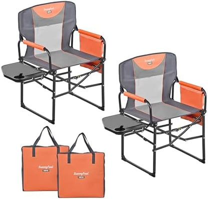 SUNNYFEEL Oversized Camping Chair Portable Directors Chairs with Side Table Heavy Duty Folding Lawn Chair for Adults 300LBS with Compact Size, Breathable Mesh, Pocket & Carry Bag for Outdoor, Lawn, RV