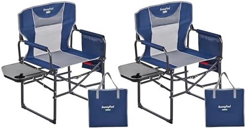 SUNNYFEEL Oversized Camping Chair Portable Directors Chairs with Side Table Heavy Duty Folding Lawn Chair for Adults 300LBS with Compact Size, Breathable Mesh, Pocket & Carry Bag for Outdoor, Lawn, RV