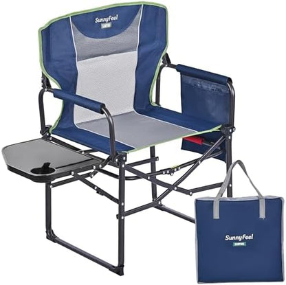 SUNNYFEEL Oversized Camping Chair Portable Directors Chairs with Side Table Heavy Duty Folding Lawn Chair for Adults 300LBS with Compact Size, Breathable Mesh, Pocket & Carry Bag for Outdoor, Lawn, RV