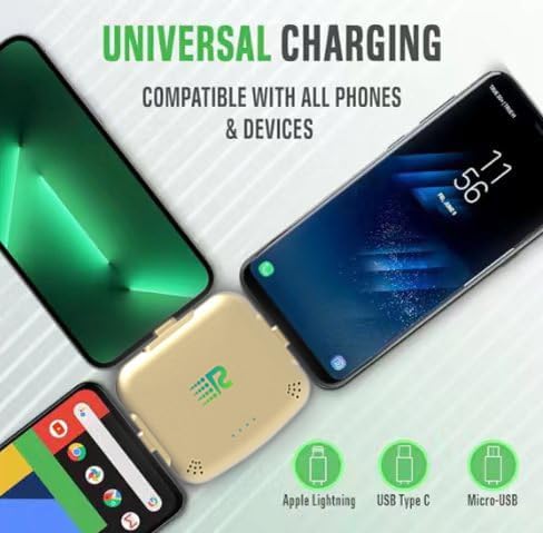 Rush Charge Universe Mini Power Bank Portable Charger Lightning USB-C Gold 3300mah, 2.4A, 3 in 1 Portable Charger Fast Charging Lightning, Type C, Micro-USB Pre-Charged Pass Through Charges 3 Devices