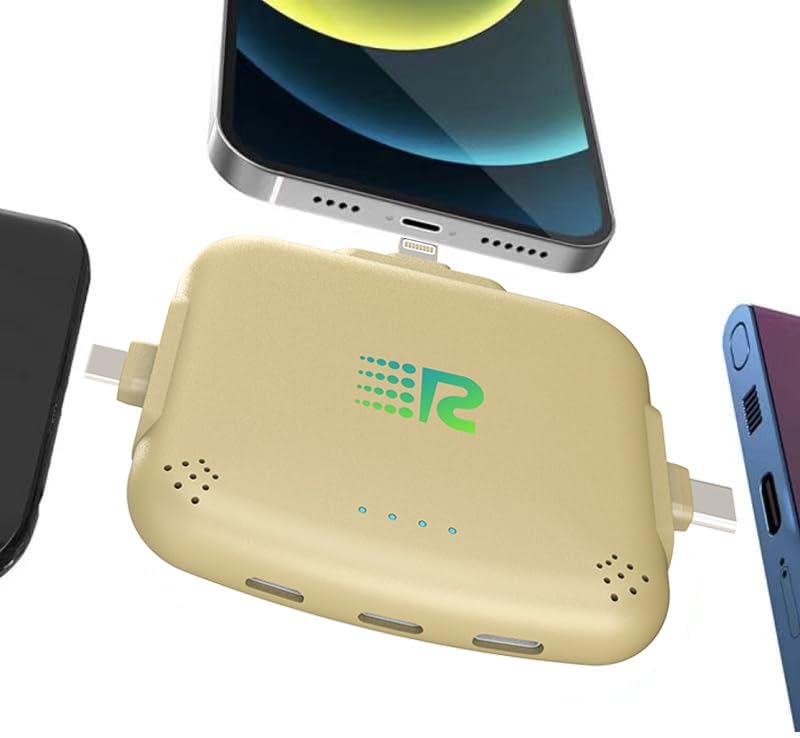 Rush Charge Universe Mini Power Bank Portable Charger Lightning USB-C Gold 3300mah, 2.4A, 3 in 1 Portable Charger Fast Charging Lightning, Type C, Micro-USB Pre-Charged Pass Through Charges 3 Devices