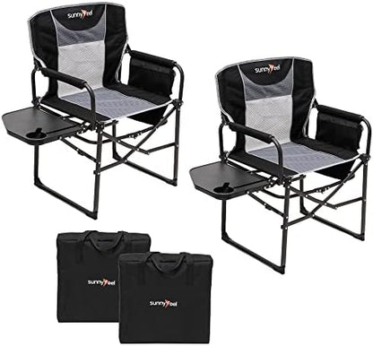 SUNNYFEEL Oversized Camping Chair Portable Directors Chairs with Side Table Heavy Duty Folding Lawn Chair for Adults 300LBS with Compact Size, Breathable Mesh, Pocket & Carry Bag for Outdoor, Lawn, RV