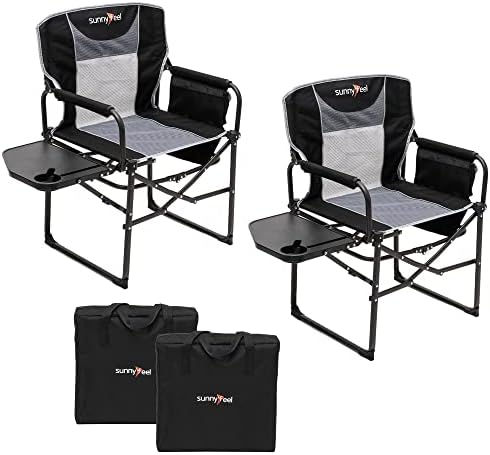 SUNNYFEEL Oversized Camping Chair Portable Directors Chairs with Side Table Heavy Duty Folding Lawn Chair for Adults 300LBS with Compact Size, Breathable Mesh, Pocket & Carry Bag for Outdoor, Lawn, RV