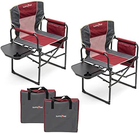 SUNNYFEEL Oversized Camping Chair Portable Directors Chairs with Side Table Heavy Duty Folding Lawn Chair for Adults 300LBS with Compact Size, Breathable Mesh, Pocket & Carry Bag for Outdoor, Lawn, RV