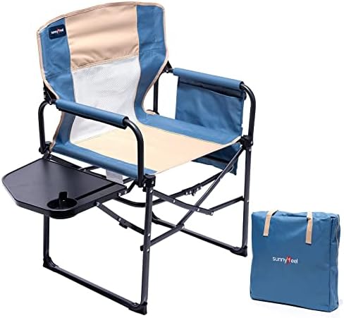SUNNYFEEL Oversized Camping Chair Portable Directors Chairs with Side Table Heavy Duty Folding Lawn Chair for Adults 300LBS with Compact Size, Breathable Mesh, Pocket & Carry Bag for Outdoor, Lawn, RV