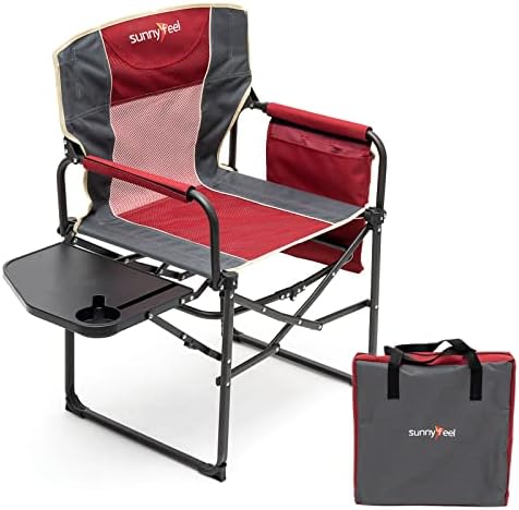 SUNNYFEEL Oversized Camping Chair Portable Directors Chairs with Side Table Heavy Duty Folding Lawn Chair for Adults 300LBS with Compact Size, Breathable Mesh, Pocket & Carry Bag for Outdoor, Lawn, RV