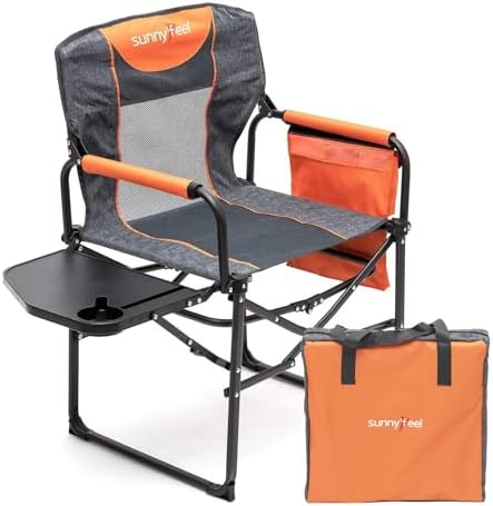 SUNNYFEEL Oversized Camping Chair Portable Directors Chairs with Side Table Heavy Duty Folding Lawn Chair for Adults 300LBS with Compact Size, Breathable Mesh, Pocket & Carry Bag for Outdoor, Lawn, RV
