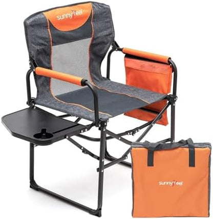 SUNNYFEEL Oversized Camping Chair Portable Directors Chairs with Side Table Heavy Duty Folding Lawn Chair for Adults 300LBS with Compact Size, Breathable Mesh, Pocket & Carry Bag for Outdoor, Lawn, RV