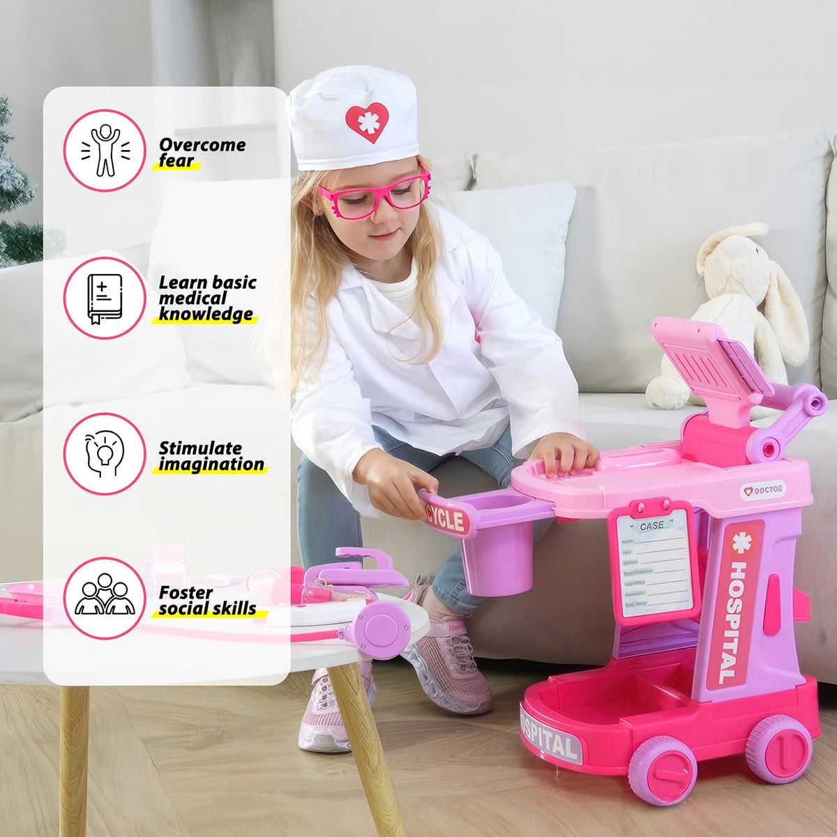 Liberry Kids Doctor Kit Toy with Pretend Doctor Cart, Medical Tools, Costume, Sound & Light Effects, Educational Role Play Set for Toddlers Ages 2-5, Pink