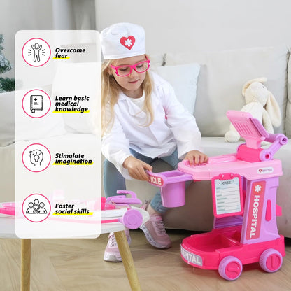Liberry Kids Doctor Kit Toy with Pretend Doctor Cart, Medical Tools, Costume, Sound & Light Effects, Educational Role Play Set for Toddlers Ages 2-5, Pink