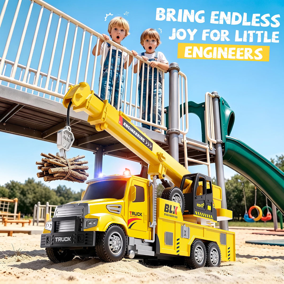 MEWOCHEE Construction Truck Toys, 4-Pack Large Engineering Vehicles with Excavator, Crane, Cement Mixer & Dump Truck, Push-and-Go Toy Vehicles with Lights & Sounds for Kids Ages 3-5