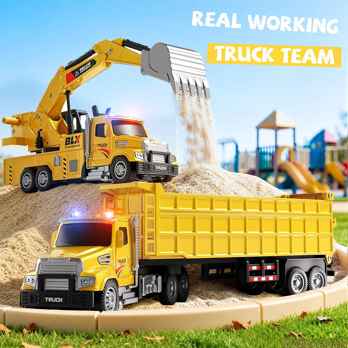 MEWOCHEE Construction Truck Toys, 4-Pack Large Engineering Vehicles with Excavator, Crane, Cement Mixer & Dump Truck, Push-and-Go Toy Vehicles with Lights & Sounds for Kids Ages 3-5