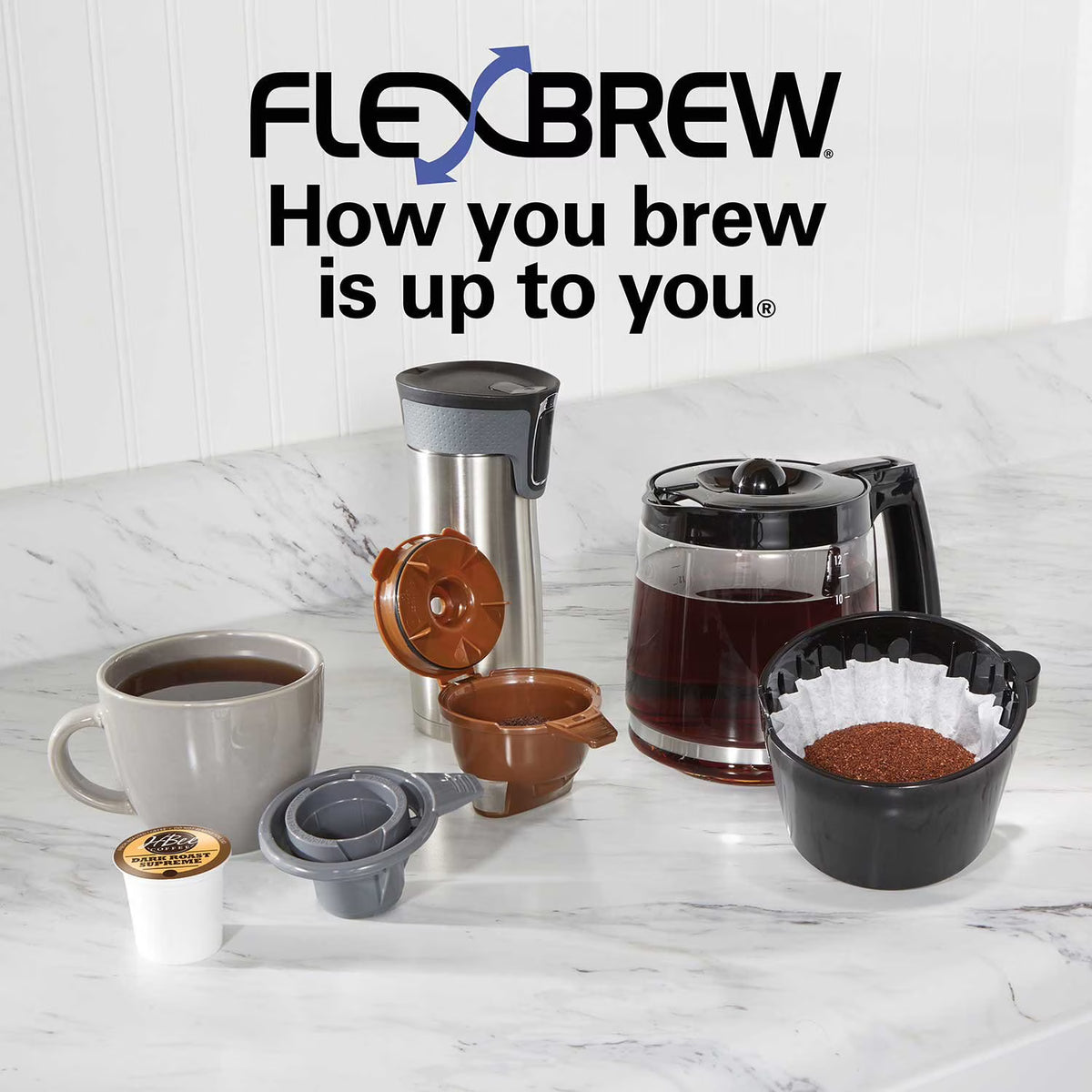Hamilton Beach FlexBrew Trio Coffee Maker, 2-Way Single Serve & 12-Cup Coffee Maker with K-Cup Pod & Ground Coffee Compatibility, Programmable Brew Strength