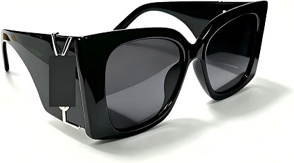 HyperionFlo Essentials Women's Oversized Square Sunglasses, Black Frame with Gold Accent Temple, Gray Lenses
