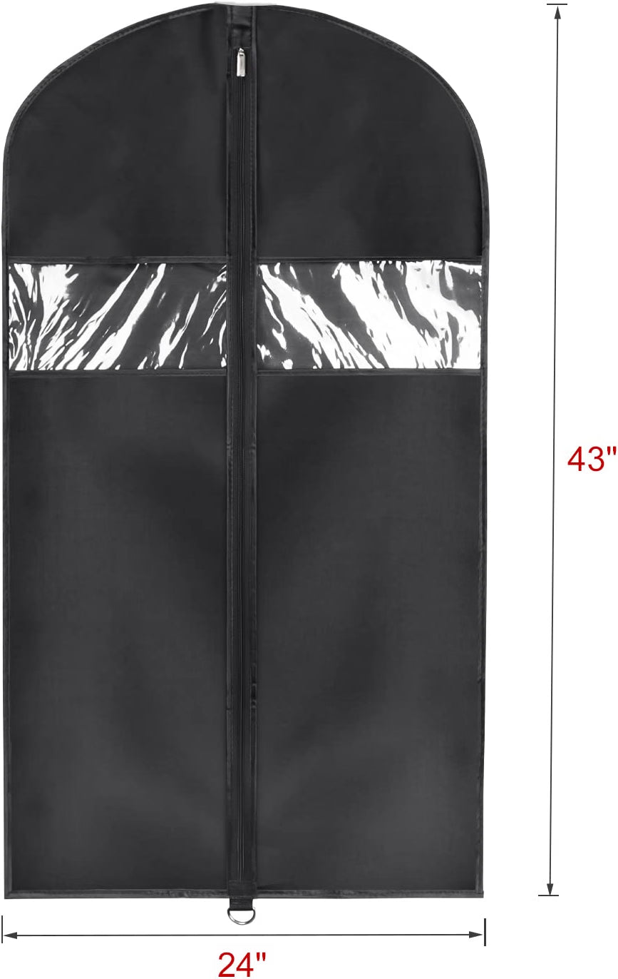 Univivi Garment Bags for Storage & Travel, 43-Inch Suit Covers, 5-Pack Washable Oxford Fabric Clothing Bags with Transparent Window & Zipper, Black