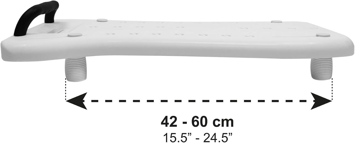 Pepe Mobility Bath Board with Handle for Adults, Bathtub Transfer Bench Fits Most Tubs, 4 Adjustable Non-Slip Legs, Drainage Holes, Helps Sitting and Standing Safely, Model 2, White Plastic