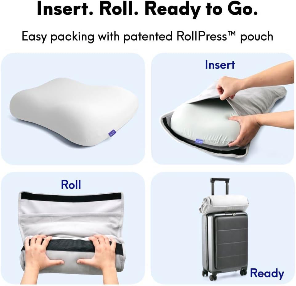 Cushion Lab Travel Deep Sleep Pillow – Compact Memory Foam Neck Pillow for Sleeping, Portable Pillow for Hotels, Camping, Side & Back Sleepers, On-the-Go – Calm Grey