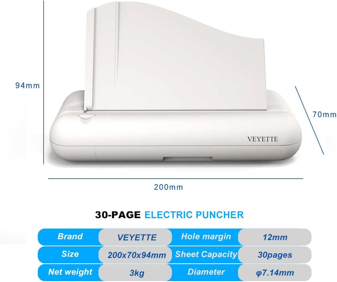 VEYETTE Electric 3 Hole Paper Punch, Heavy Duty Commercial Hole Puncher with Adapter, 30 Sheet Capacity, Automatic Office School Paper Punch, Gray
