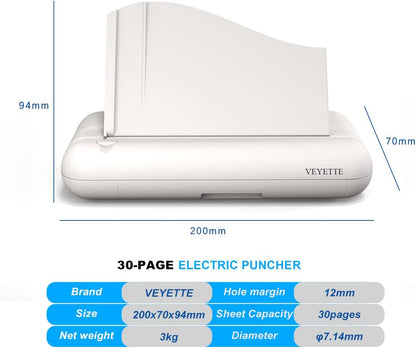 VEYETTE Electric 3 Hole Paper Punch, Heavy Duty Commercial Hole Puncher with Adapter, 30 Sheet Capacity, Automatic Office School Paper Punch, Gray