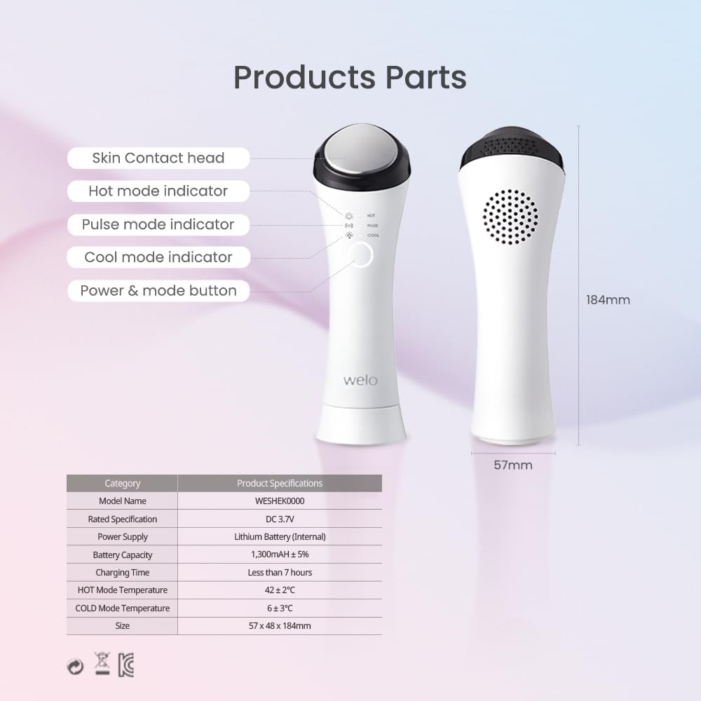 Depuffing Wand, Hot & Cool Face Massager with Thermal Cryo Vibration Welo 3-in-1 facial massager with 42°C heat, 6°C cooling and pulse vibration for depuffing, pore care and daily skincare