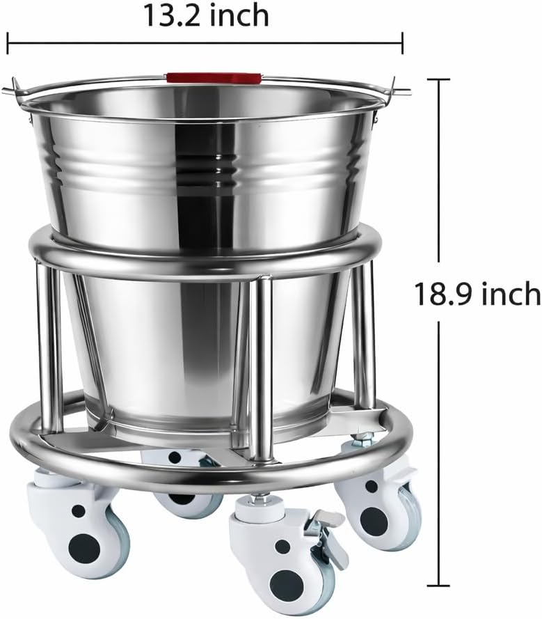 Stainless Steel Kick Bucket with Rolling Stand - Large 18 Quart Capacity, Removable Bason, Quiet Casters, Durable Frame - Ideal for Medical, Surgical, and Cleaning Use