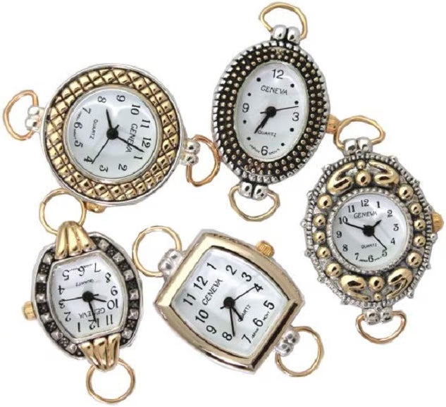 Mix Geneva Elite Watch Faces for Beading, 5-Piece Two-Tone Watch Face Set with Loops & Batteries, Women's DIY Beaded Watch Making Accessories