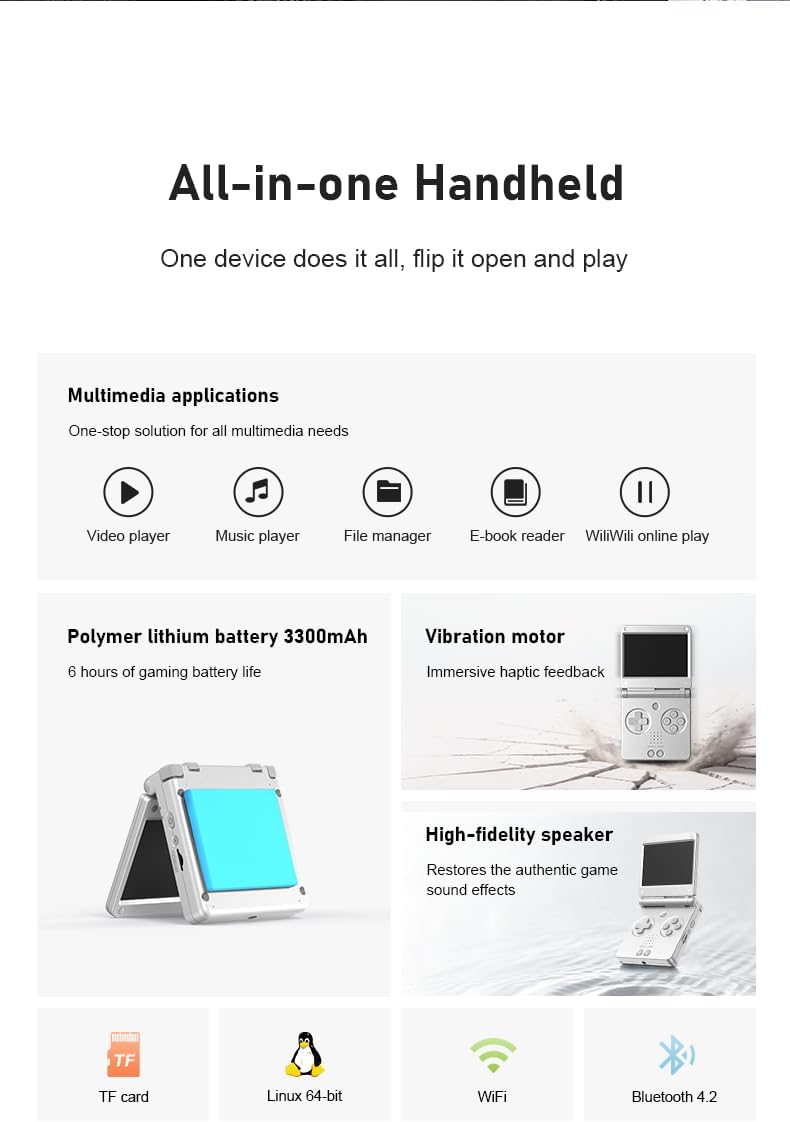 RG SP Flip Retro Handheld Game Console for Commute Travel 30+ Game Emulator Linux 16GB Support 2.4G/wired/BT Controller HDMI Wi-Fi Multiplayer 3.4 IPS 3300mAh NO Preloaded Game RG SP Silver Visit the Ayhgicxt Store