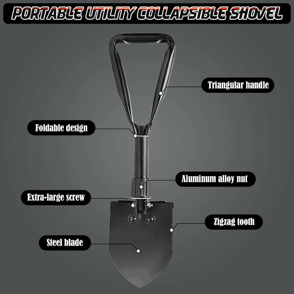 PLACHIDAY Folding Camping Shovel, 18.5-Inch Lightweight High Carbon Steel Portable Shovel with Serrated Edge, Compact 3-Way Folding Design for Camping, Hiking, Gardening & Emergency Use