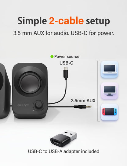 FUNLOGY Speaker Plus - 14W Stereo PC Speakers, Dual Amplifiers & DSP Tuned, USB-C Powered, 3.5mm AUX, Compact Desktop Speakers with 30° Tilt, for PC, Laptop, Monitor & Gaming,Black