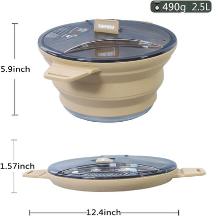 2.5L Collapsible Camping Cook Pot, Khaki Portable Cookware, Outdoor Hiking