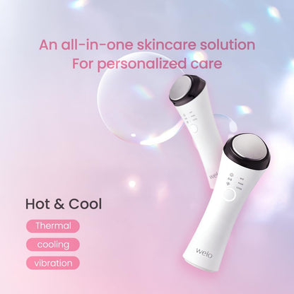 Depuffing Wand, Hot & Cool Face Massager with Thermal Cryo Vibration Welo 3-in-1 facial massager with 42°C heat, 6°C cooling and pulse vibration for depuffing, pore care and daily skincare