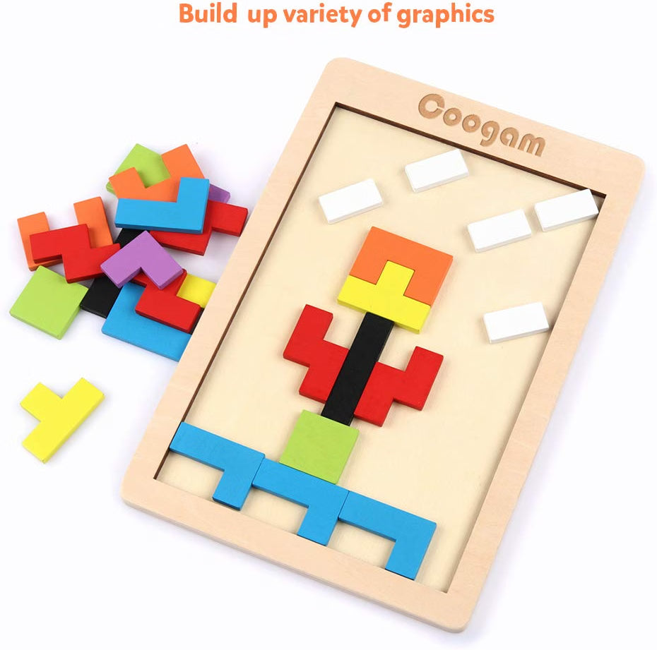 Coogam Wooden Blocks Puzzle, 40-Piece 3D Russian Blocks Tangram Jigsaw Brain Teaser Game, Colorful Wooden STEM Montessori Educational Puzzle for Kids & Adults