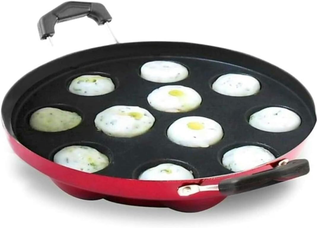 HyperionFlo Essentials 12-Cavity Appam Maker Paniyaram Pan with Lid, Non-Stick Aluminum, 23 cm, 1 L Capacity, Red