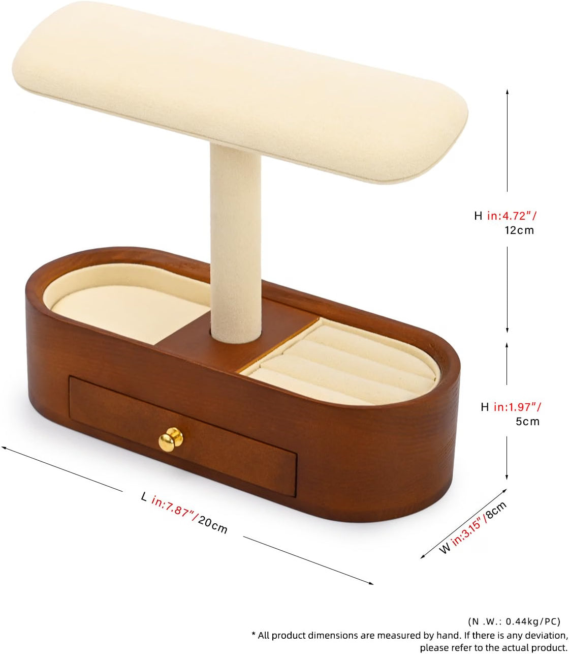 Oirlv Solid Wood Watch Stand with Drawer, T-Bar Watch Holder & Jewelry Organizer for Men and Women, Bracelet, Bangle, Ring & Earring Display, Creamy White