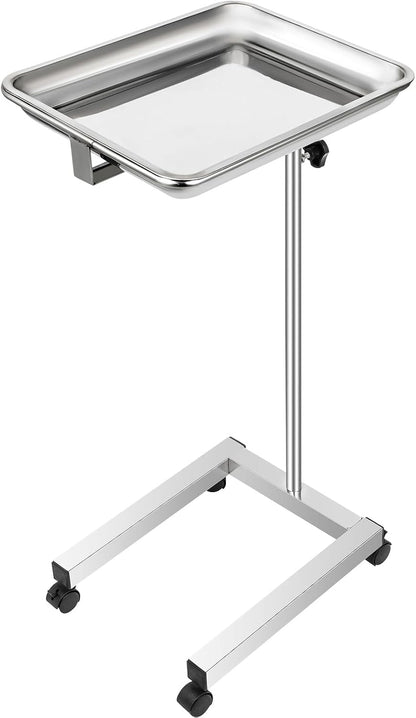 VEVOR Mayo Stand 18 x 14 inch Medical Tray, Height Adjustable 32-51 inch, Stainless Steel Lab Cart with Removable Tray & 4 Swivel Wheels, Metal Instrument Procedure Tray for Home Equipment, Dental