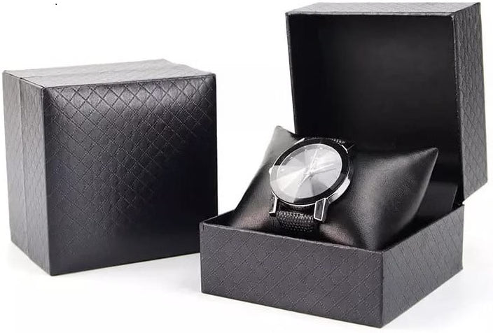 RJ Displays 6-Piece Watch & Jewelry Gift Box Set, Faux Leather Watch Bracelet Bangle Cuff Anklet Display Boxes with Pillow Cushion, Snap Closure, Black